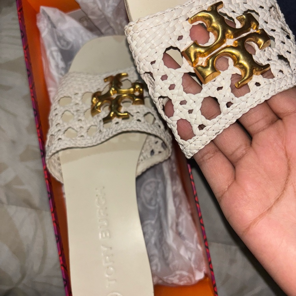Tory Burch Cream and Gold Sandals with Heart Cutouts